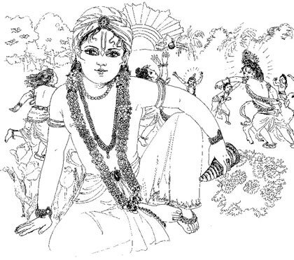 A devotional line drawing of Sridama seated among Krishna's cowherd companions in Vrindavana, the identity the Gaura-ganoddesha-dipika assigns to Abhirama Thakura.