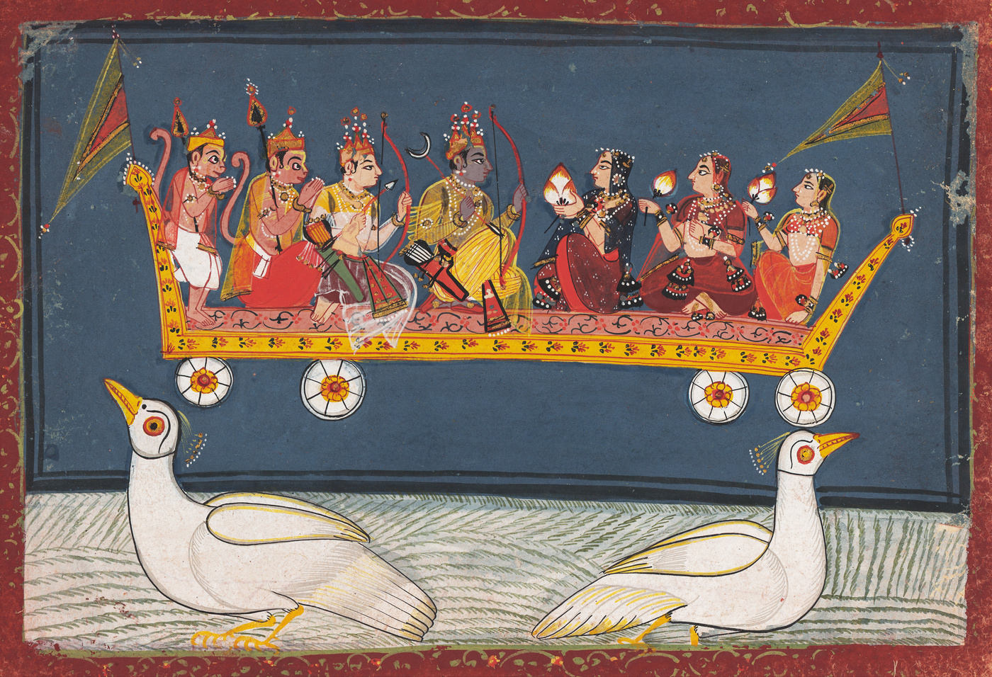 A mid-17th century Malwa school painting of Lord Rama, Sita and Lakshmana returning to Ayodhya on the Pushpaka Vimana - the form of the Lord, Raghunatha, to whom Anupama Mallika remained devoted throughout his life.