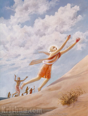 Sri Chaitanya Mahaprabhu leaps down a beach dune toward the ocean in ecstasy, mistaking the sand for Govardhana Hill and the sea for the Yamuna, while devotees run to catch Him -- the pastime in which Bhagavan Acharya, being lame, could onl