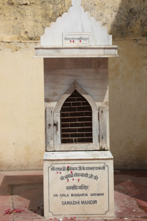 The samadhi mandira of Srila Bhugarbha Goswami in the courtyard of the Radha-Damodara temple, Vrindavana.