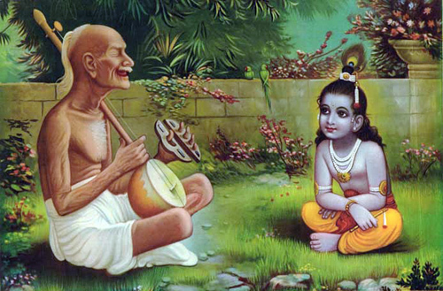 A devotional painting of the blind Bilvamangala Thakura singing and playing the vina while the young cowherd boy Krishna sits and listens beside him in a Vrindavana garden.