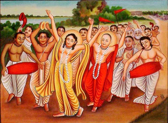 Sri Chaitanya Mahaprabhu and Sri Nityananda Prabhu leading a sankirtana procession through Navadwip with their associates and mridanga players -- the kind of kirtan party Buddhimanta Khan is remembered as a constant, devoted member of. This