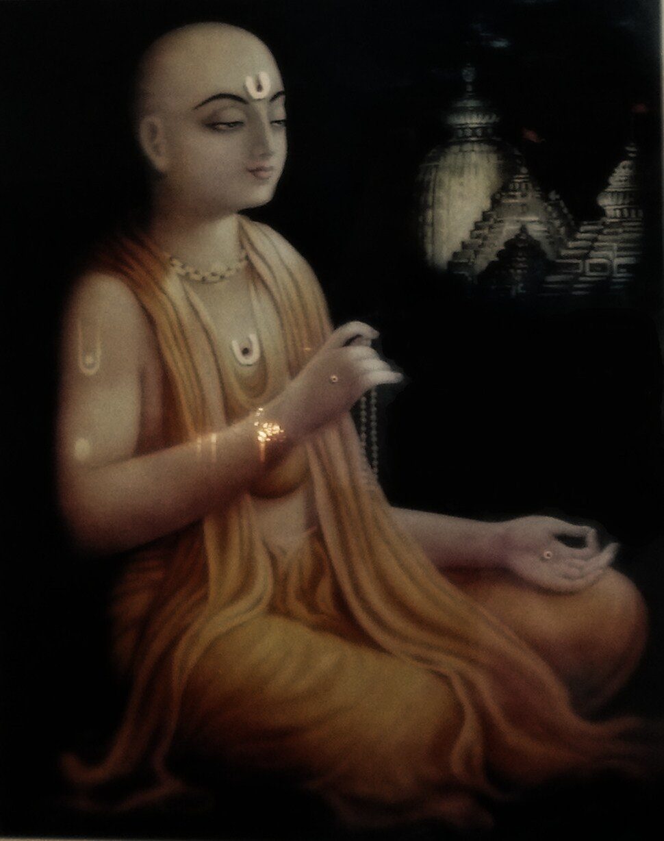 A painting of Sri Chaitanya Mahaprabhu from about 1900 — the Lord whose descent Advaita Acharya is said to have summoned by his worship with Ganges water and tulasi leaves.