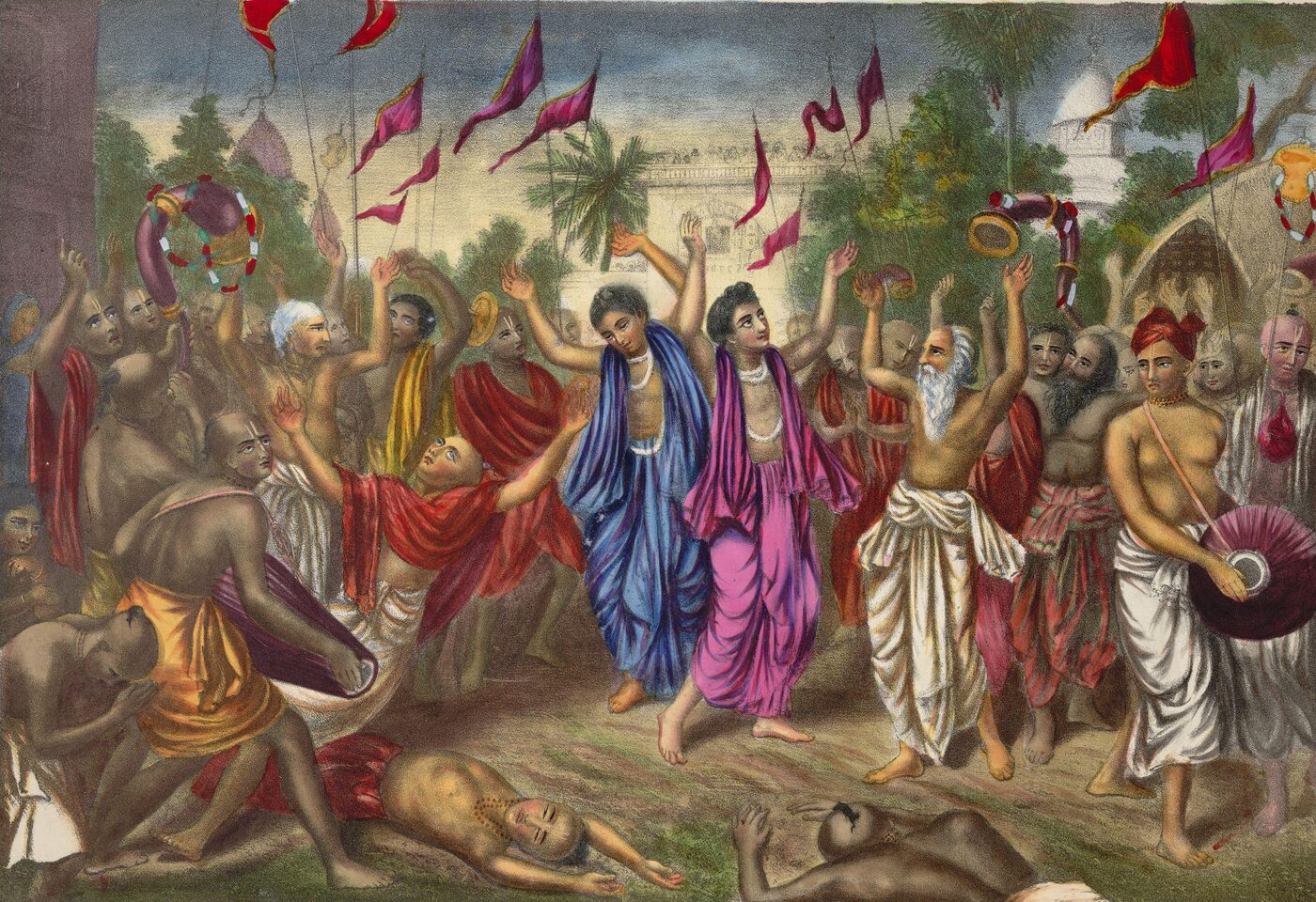 Street sankirtana in Nabadwip as depicted in a 19th-century Calcutta Art Studio lithograph, with Mahaprabhu and Nityananda Prabhu leading the chanting party.