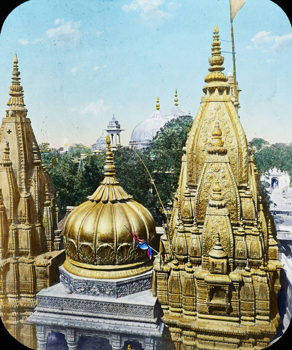 A period photograph, circa 1910-1920, of the Golden Temple quarter of Benares (Varanasi), the city of scholars and physicians where Chandrasekhara Acharya practiced.