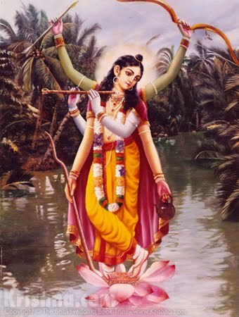 Traditional devotional painting of Sri Chaitanya Mahaprabhu's six-armed (shad-bhuja) form, the vision that inspired Sarvabhauma Bhattacharya's Sanskrit hymn of praise in Puri — the same verses Damodara Pandit and Jagadananda Pandit carried 