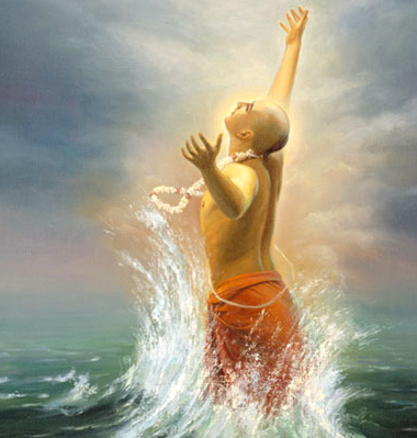 Traditional devotional painting of a Vaishnava devotee absorbed in ecstatic love of Krishna, rising from the waters at Puri — used on Gaudiya History's Damodara Pandit page alongside its account of his years among the Lord's associates in J