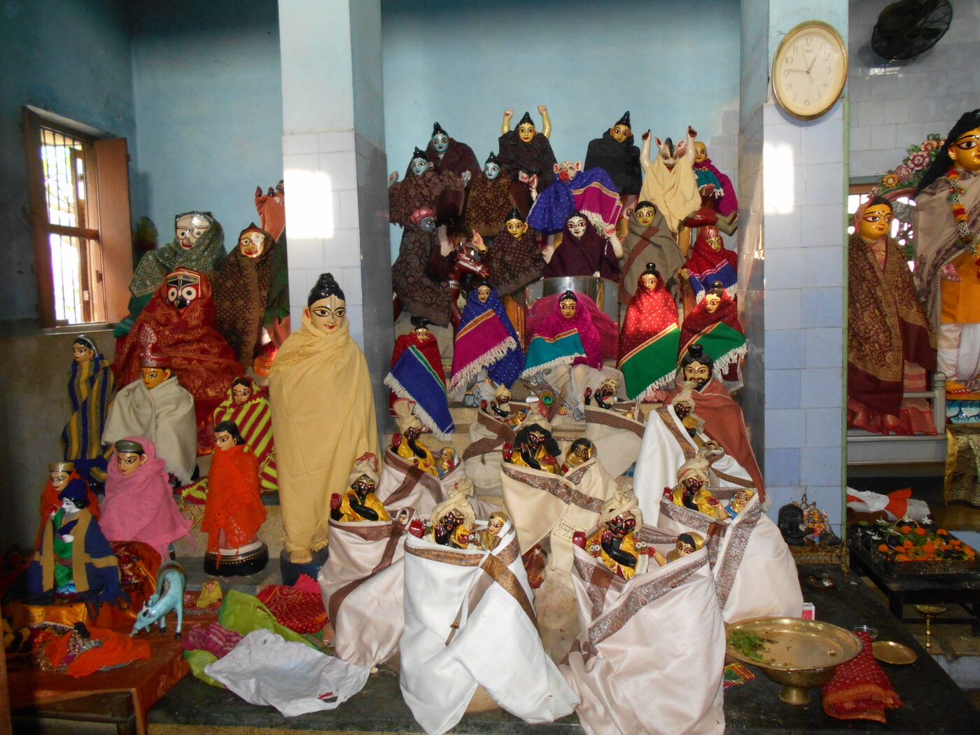 Wooden deities of Sri Chaitanya Mahaprabhu and his associates at Sribas Angan, Nabadwip, the site established in memory of Srivasa Thakura's household.