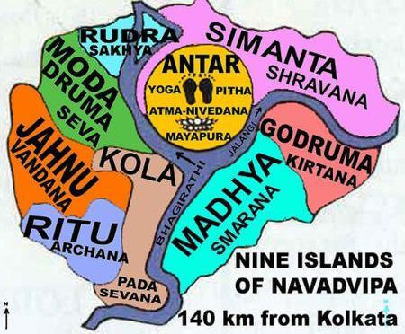 A map of the nine islands of Navadvipa-dhama, showing Koladwipa (Kuliya), the island of pada-sevana, where Devananda Pandit lived and taught.