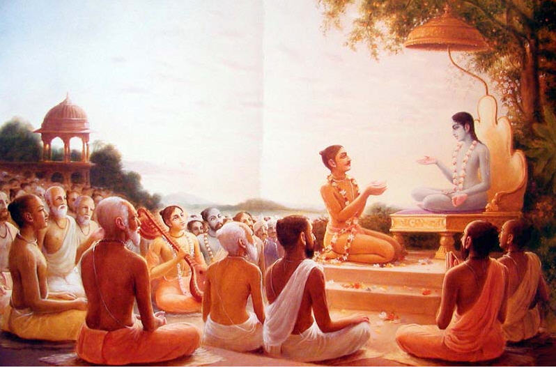 Traditional painting of Shukadeva Goswami reciting Srimad-Bhagavatam to the sages and to King Parikshit — the scriptural model of Bhagavatam recitation that Devananda Pandit's own classes fell short of.