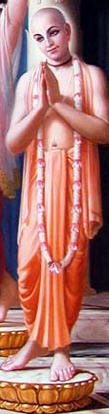 Traditional devotional painting of Srivasa Thakura standing with folded hands, the devotee whose tears during Devananda Pandit's Bhagavatam class were mistaken for a disturbance.