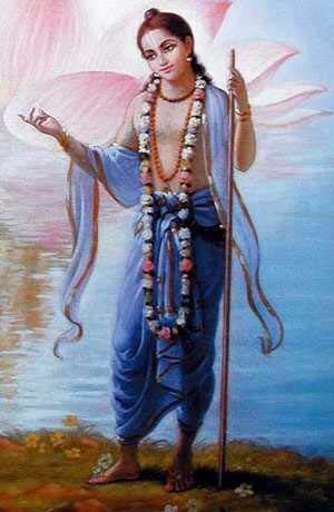 Traditional devotional painting of Dhananjaya Pandit as a renounced wandering vairagi, garlanded and carrying a staff, in the renounced service of Nityananda Prabhu.