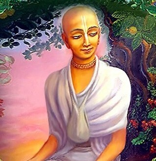 A devotional painting of a Vaishnava sadhu absorbed in bhajana beneath a tree, used to illustrate Sri Gadadhara Dasa Goswami on ISKCON Bangalore's biography of him.