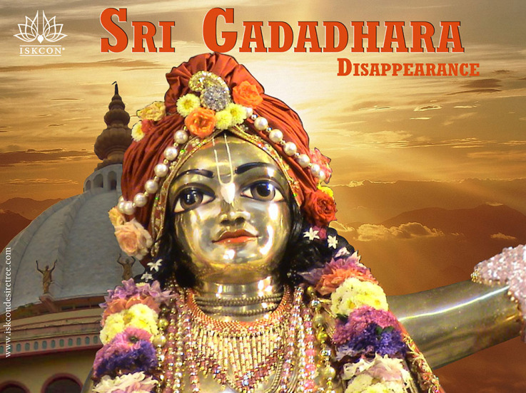 An ISKCON Desire Tree calendar graphic marking Sri Gadadhara Dasa Goswami's disappearance day, with a close-up Deity image and the Mayapur skyline.