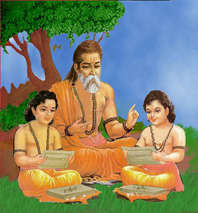 Traditional depiction of the sage Vasishtha teaching Rama and Lakshmana — the Ramayana-age identity Gaudiya Vaishnava tradition assigns to Ganga Dasa Pandit's eternal spiritual form, per Kavi Karnapura's Gaura-ganoddesha-dipika.