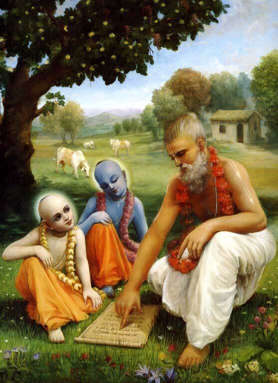 Sandipani Muni teaching Krishna and Balarama — the Dvapara-yuga parallel Vrindavana Dasa Thakura himself drew on when he described Ganga Dasa Pandit, in Sri Chaitanya-Bhagavata, as a Navadvipa professor who resembled Krishna's own guru.
