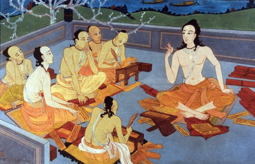 A traditional Gaudiya Vaishnava painting of an assembly of Vaishnava pandits in discourse, evoking the devotee gatherings at Navadvipa and Puri of which Ganga Dasa Pandit was part.
