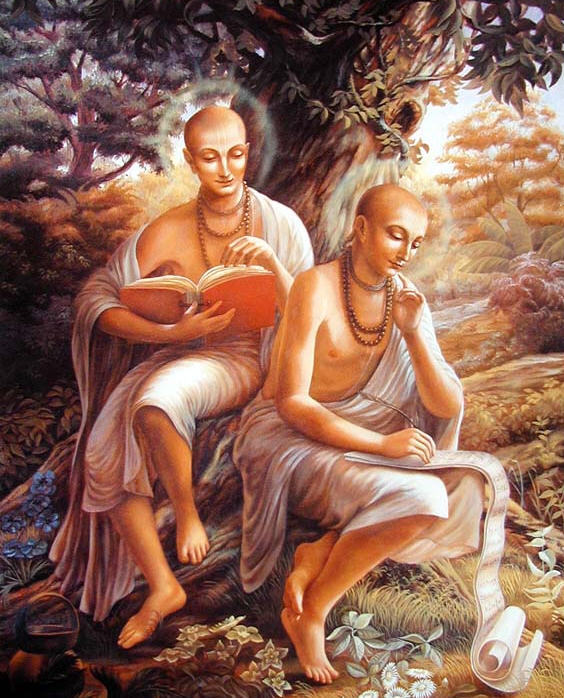 A devotional painting of two Goswamis of Vrindavana reading and writing together beneath a tree, evoking the shared scholarly life Gopala Bhatta Goswami joined on reaching Vrindavana.