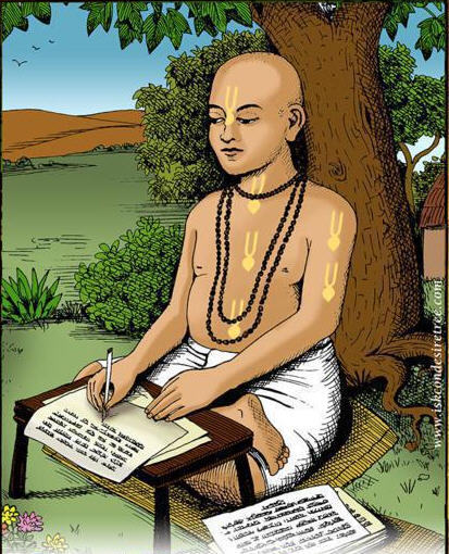 An illustrated depiction of a Vrindavana Goswami seated under a tree writing on palm-leaf pages, representing the scholarly labor behind the compiling of the Hari-bhakti-vilasa.