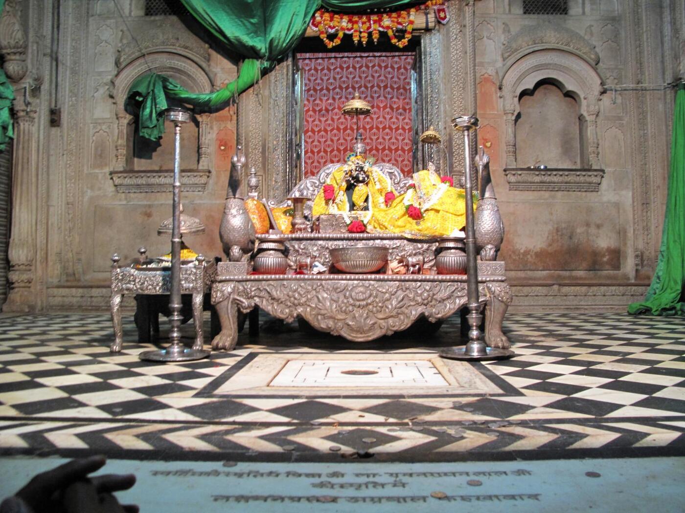 The ornamented silver altar of the Radha Raman temple in Vrindavan, where Sri Radha Raman has been worshipped in an unbroken line since the sixteenth century.