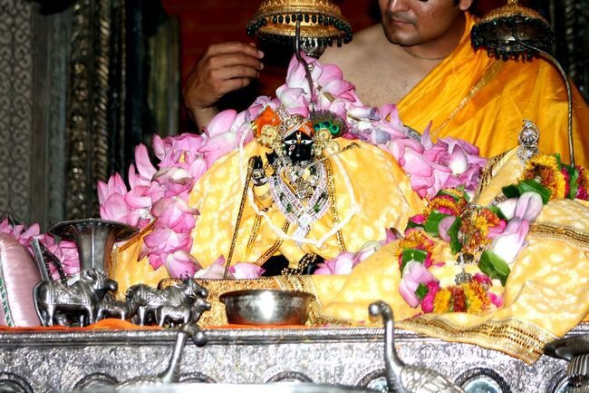 A priest performs arati with flower garlands to a Deity in the Radha Raman temple tradition, part of the temple's continuing, unbroken daily worship.