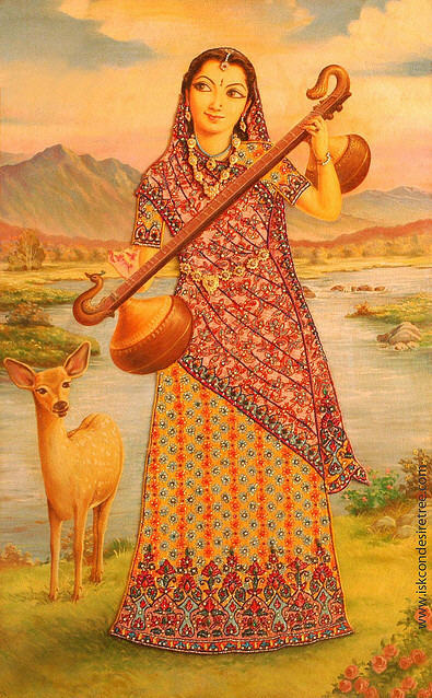 Traditional Gaudiya Vaishnava painting of Tungavidya Sakhi, one of the eight principal gopi companions of Srimati Radharani - the identity Gaudiya History's biography attributes to Gopala Guru Goswami, though a rendering of Dhyanachandra Go