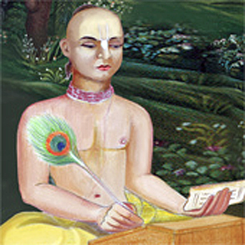 Traditional devotional painting of Srila Govinda Dasa Kaviraja seated outdoors, writing with a peacock-feather pen.