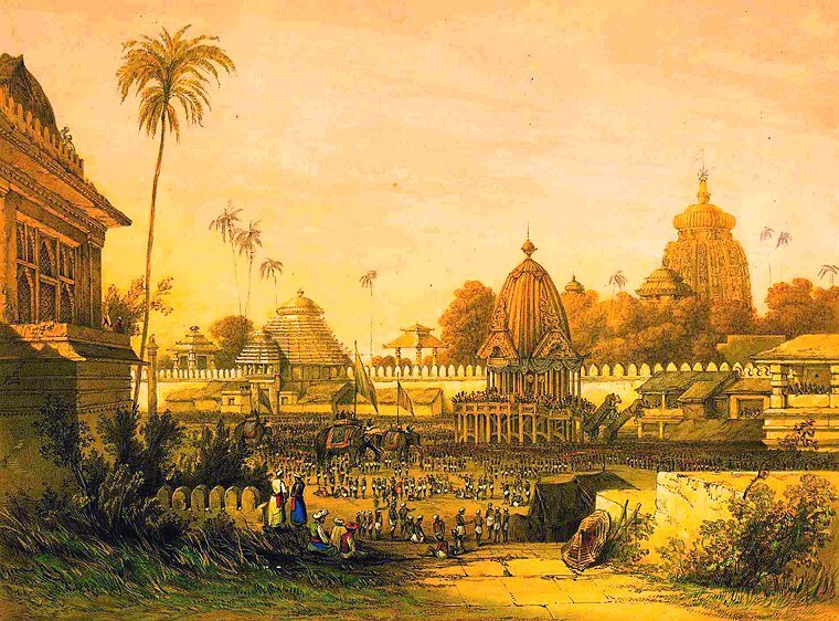 A 19th-century painting of the Ratha-yatra chariots at Jagannatha Puri by James Fergusson, illustrating the festival setting in which Govinda Datta sang among Sri Chaitanya Mahaprabhu's kirtana parties.