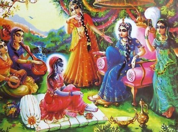 A devotional painting of Kalavati-sakhi and the gopis singing for Sri Sri Radha-Govindaji in Goloka Vrindavana - Govinda Ghosh's own eternal identity per the Gaura-ganoddesha-dipika.