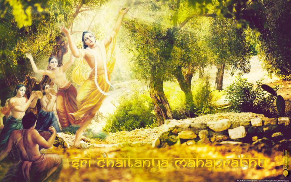 Sri Chaitanya Mahaprabhu dancing in ecstasy with Nityananda Prabhu and devotees during kirtan, illustrating the scriptural description of the Lord dancing whenever the Ghosh brothers sang.