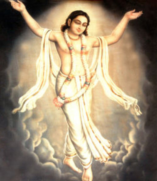 A devotional painting of Sri Chaitanya Mahaprabhu with arms raised in sankirtana - a generic devotional image, not a specific depiction of Govinda Ghosh's own disappearance, used here for the closing page on his legacy.