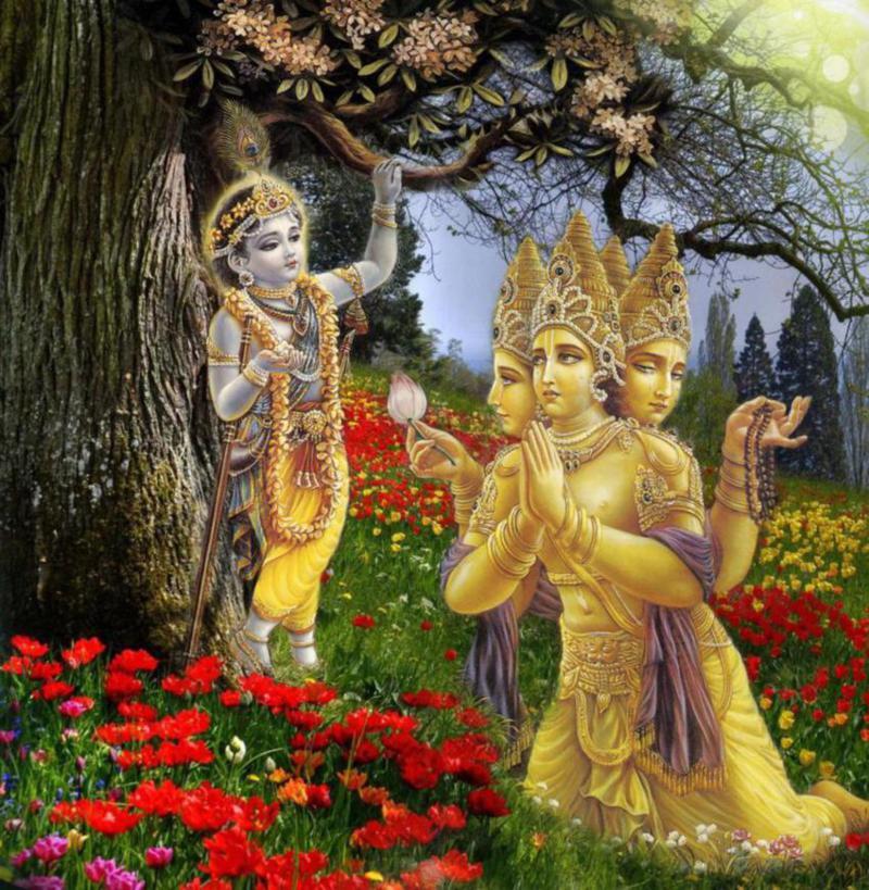 Devotional painting of Krishna appearing before four-headed Brahma, illustrating the tradition that identifies Haridasa Thakura, called Brahma Haridasa, with Brahma the secondary creator.