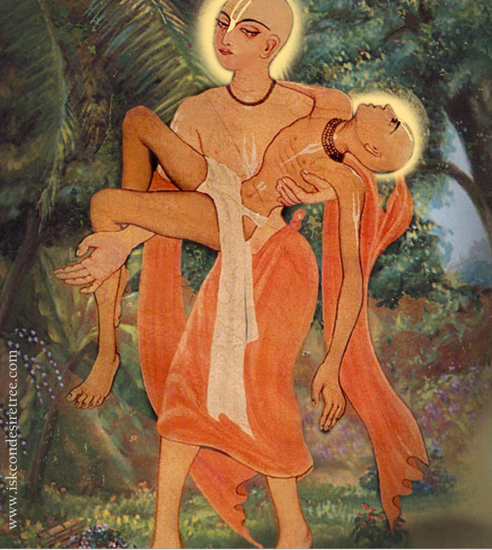 Devotional painting of Sri Chaitanya Mahaprabhu carrying the body of Haridasa Thakura, both figures haloed, on the way to the sea for burial.