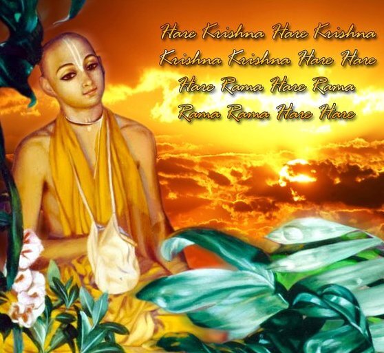 Devotional painting of Srila Haridasa Thakura seated with his cloth bag of japa beads, chanting the Hare Krishna maha-mantra at sunset.