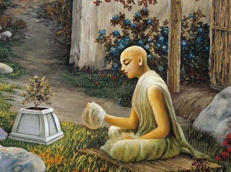 Painting of Haridasa Thakura chanting alone before a tulasi plant in a quiet garden, evoking his bhajana-kutir at Siddha Bakula in Puri.
