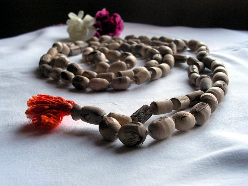 A japa mala of tulasi wood beads, the same kind of beads used for the counted chanting of the Hare Krishna maha-mantra that Haridasa Thakura taught and practiced.
