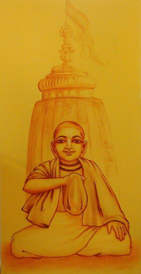Devotional painting of a young Haridasa Thakura seated in meditation before the temple spire and chakra of Jagannatha, evoking his lifelong identity as Namacharya.