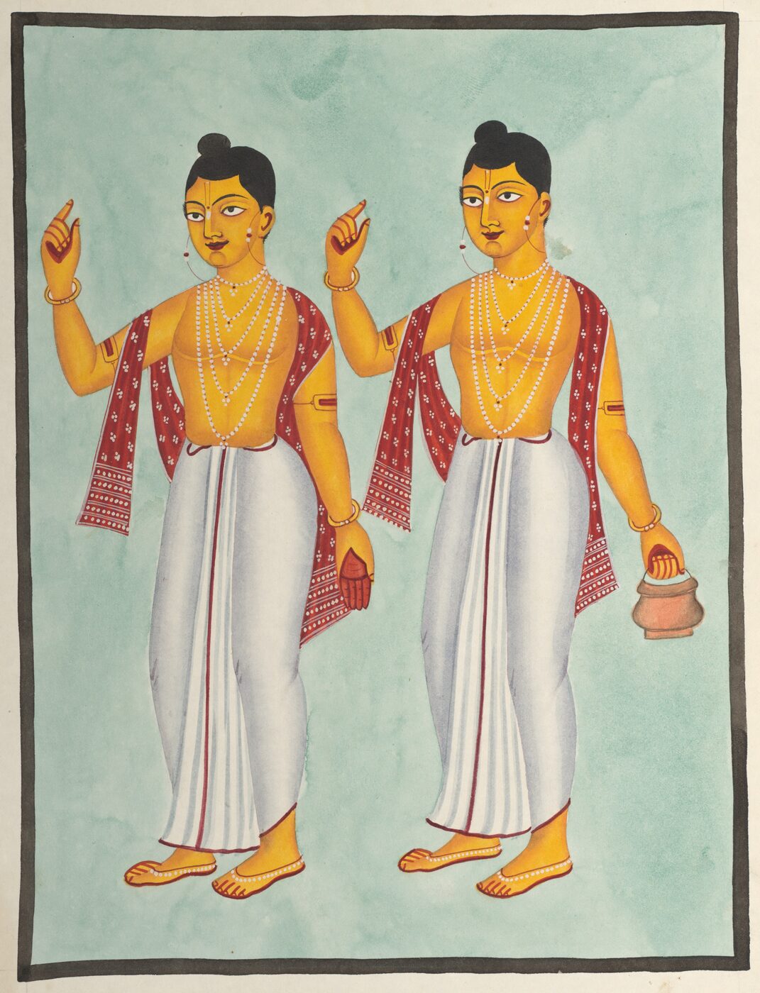 19th-century Kalighat painting 'Gaur and Nitai': Chaitanya and Nityananda standing side by side, right hands raised in the gesture of chanting, wearing white dhotis and red chadars with pearl garlands. Cleveland Museum of Art accession 2003