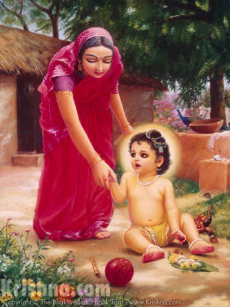 Sachi Devi with the infant Lord Chaitanya (Nimai) -- the child Ishan Thakur held on his lap and later served as a boy. Devotional painting, The Bhaktivedanta Book Trust / Krishna.com.