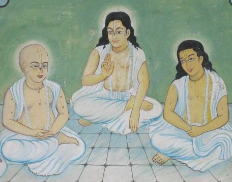 Traditional Gaudiya Vaishnava painting of Shrinivasa Acharya, Narottama Dasa Thakura and Ramachandra Kaviraja -- the three pilgrims Ishan Thakur guided around Nabadwip's holy places in his extreme old age.