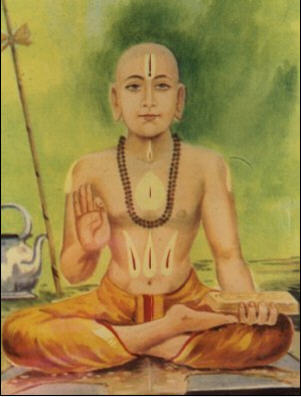 A devotional portrait of Srila Ishvara Puri seated in meditation, holding a palm-leaf manuscript, with his danda staff and water pot beside him