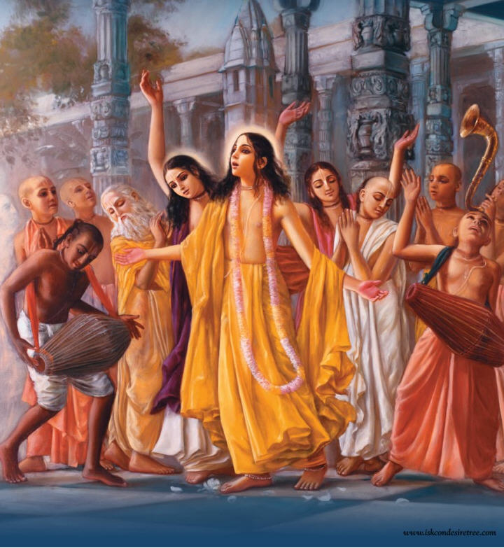 Devotional painting of Sri Chaitanya Mahaprabhu dancing in sankirtana with His associates, representing the early Navadvipa kirtans at Srivasa Thakura's courtyard that Jagadananda Pandita took part in.
