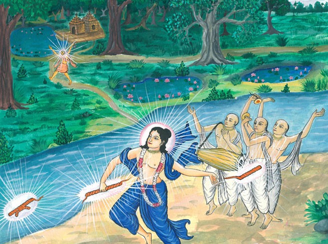Devotional painting depicting Lord Nityananda breaking Sri Chaitanya Mahaprabhu's sannyasa staff into three pieces on the walk to Jagannatha Puri, while it was in Jagadananda Pandita's keeping.