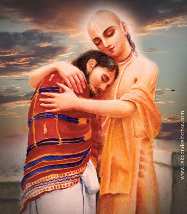 Devotional painting of Sri Chaitanya Mahaprabhu embracing Sanatana Goswami, the relationship at the center of Jagadananda Pandita's mission to Vrindavana and his later etiquette correction from the Lord.