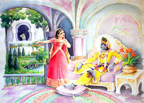 Devotional painting of Krishna with His queen Satyabhama in a palace setting, illustrating the Dvaraka identity Sri Chaitanya-charitamrita gives to Jagadananda Pandita.