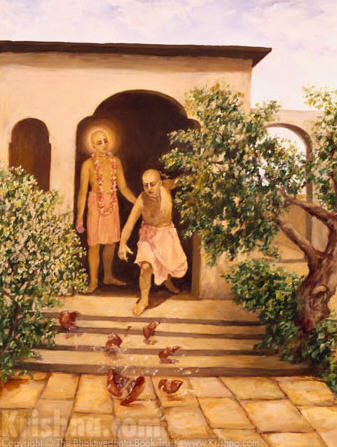 Devotional painting of Sri Chaitanya Mahaprabhu with an associate at a courtyard entrance, generic devotional artwork from the same biography page.