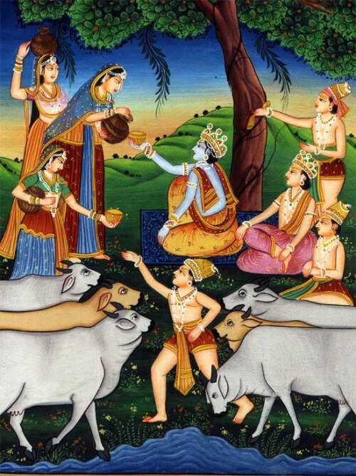 A traditional painting of Krishna receiving offerings from the wives of Vraja's brahmanas, illustrating Jagadisha Pandit's pre-Gaura identity as Chandrahasa the dancer.
