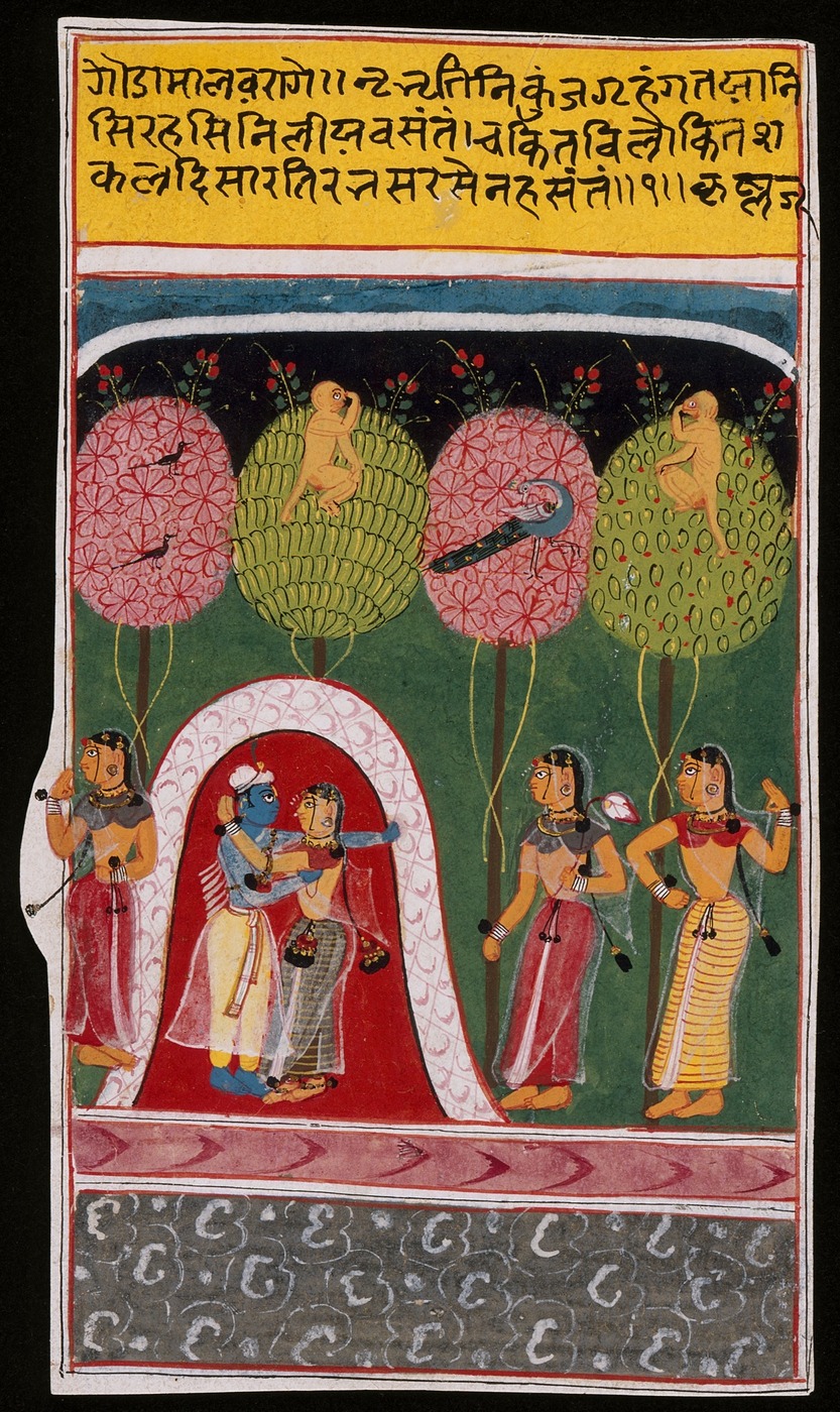 "Radha and Krishna Embracing in a Bower," a folio from a Gita Govinda manuscript held by the Los Angeles County Museum of Art (LACMA), showing the poem's reunion scenes.