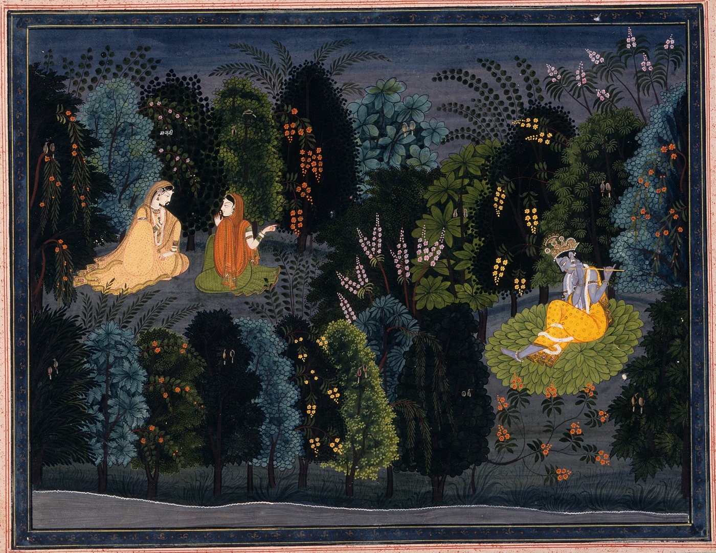 "Companion Persuading Radha as Krishna Flutes," a folio from the Lambagraon Gita Govinda series (Punjab Hills painting), showing Radha's viraha, separation, as a sakhi urges Her toward Krishna.