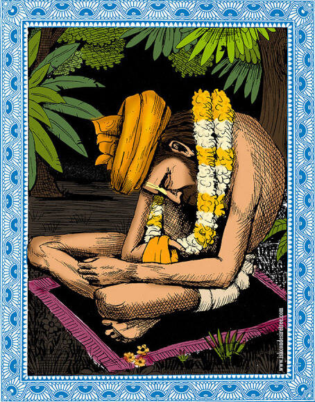 A devotional artist's illustration of Srila Jagannatha Dasa Babaji seated in meditation beneath the trees of Vraja, garlanded, since few authentic images of him survive.